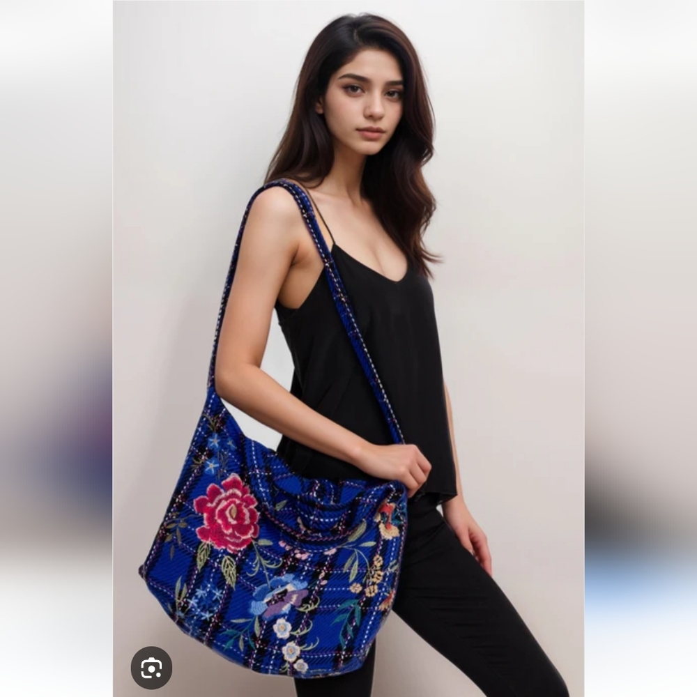 JOHNNY WAS Mila Oversized Floral Embroidered Hobo Plaid Blue Navy Red Tote NWT - Picture 3 of 12